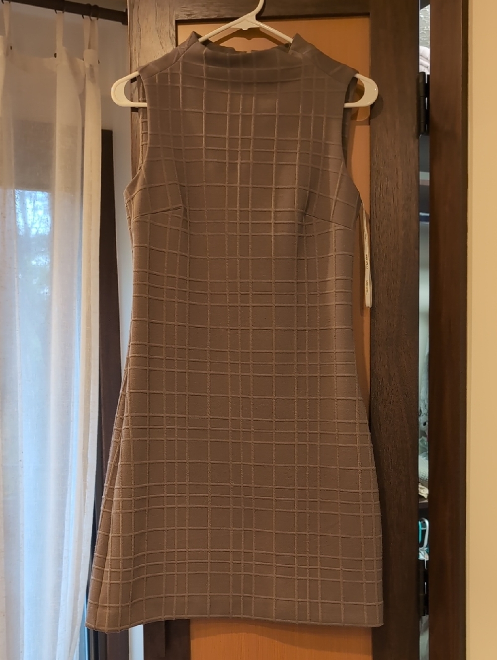 Calvin Klein Taupe Grid Textured Mock-Neck Mini Dress